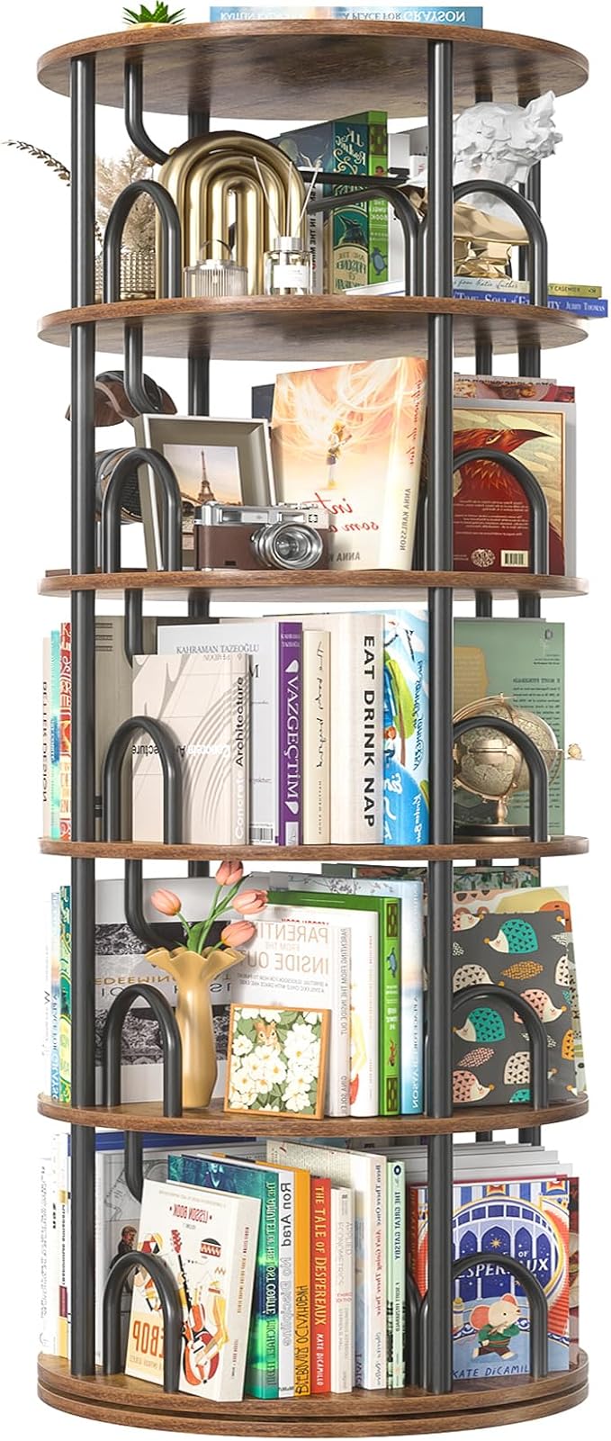 Aheaplus 5 Tier Rotating Bookshelf Tower, 360 Display Spinning Bookcase by Aheaplus
