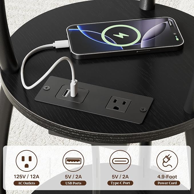 Round Side Table with Power Outlet & USB Ports, 3-Tier End Table with Storage - Image 7