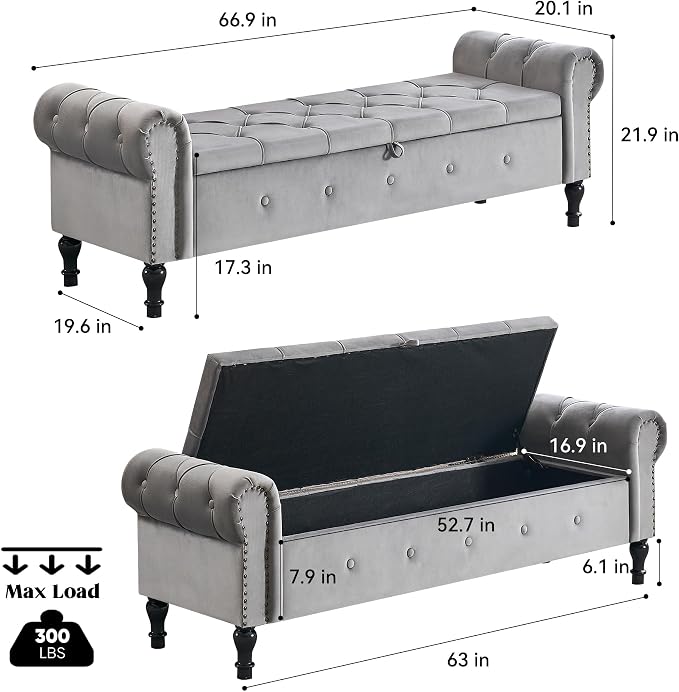 Storage Bench for Bedroom, Velvet 67" End of Bed Bench, King Size Benches - Image 2
