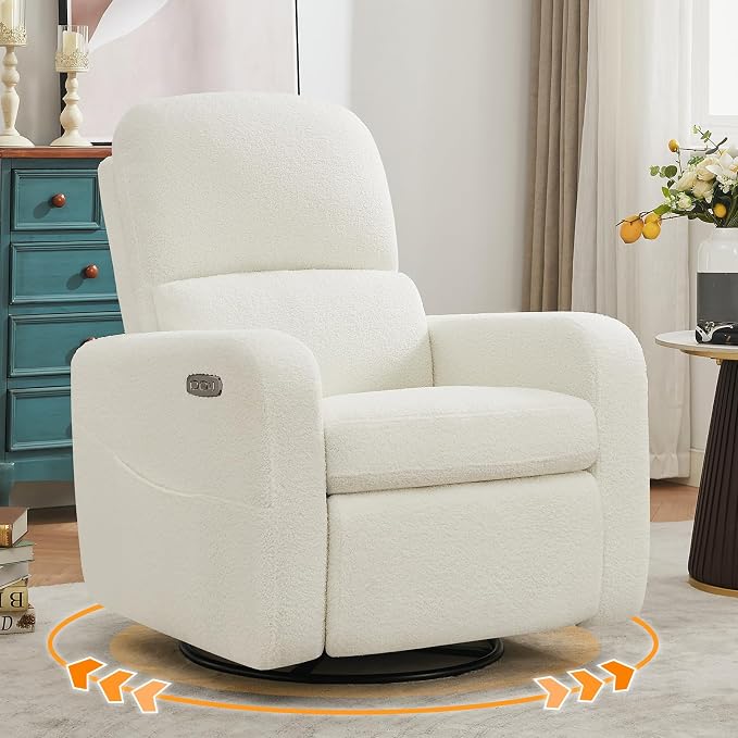 Power Swivel Rocker Recliner, Oversized Boucle Nursery Glider Recliner by Aemeios