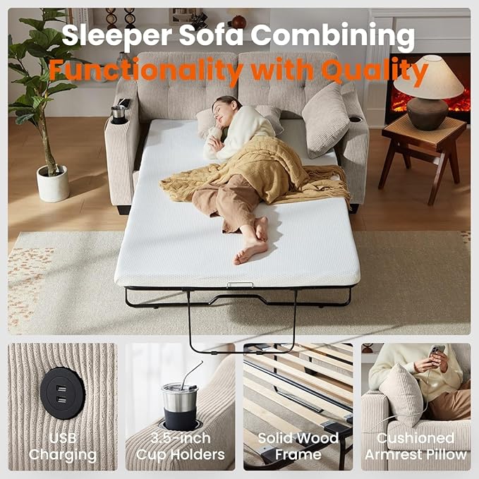 Full Size Pull Out Sleeper Sofa Bed, 2-in-1 Convertible Corduroy Pull Out Couch - Image 6