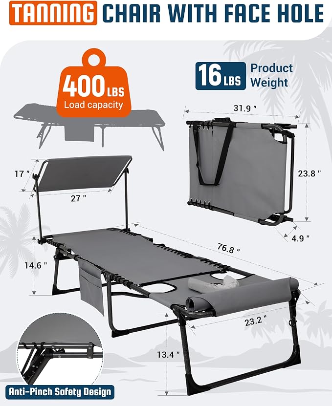 KingCamp Lounge Chair with face Hole & Canopy Shade, 400LBS Folding Portable - Image 2