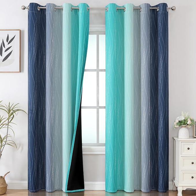 Navy Blue and Teal Gradient Blackout Curtains by ESTELARTEXTILER