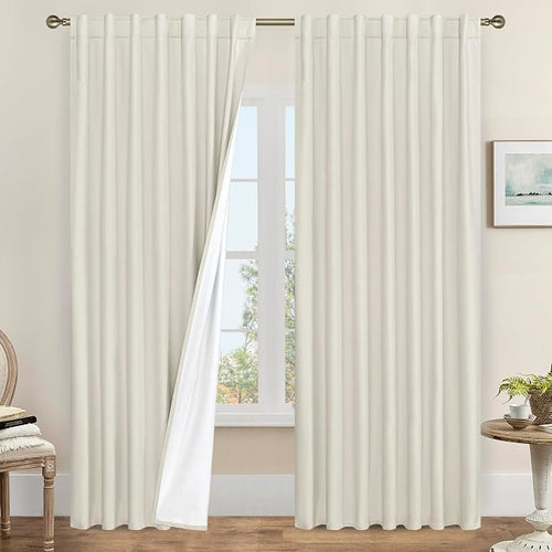 100% Blackout Linen Curtains 95 Inches Long 2 Panels, 60 x 95 Inch | Ivory by LAMIT
