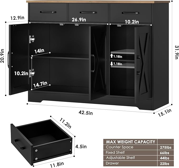 HOSTACK Modern Farmhouse Buffet Sideboard Cabinet, Barn Doors Storage Cabinet - Image 3