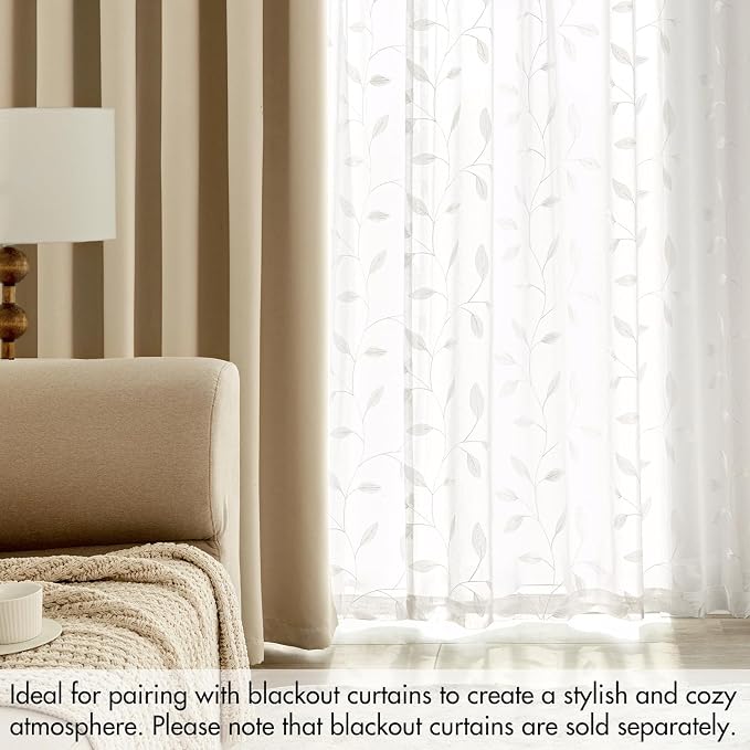 MIULEE White Sheer Curtains 2 Panels Embroidered Leaf Patterned, W52 x L84 | - Image 7