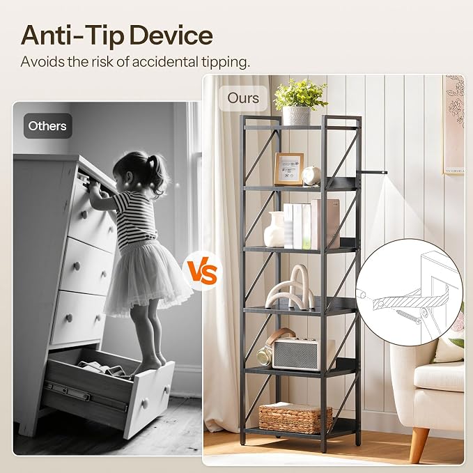 HOOBRO Bookshelf, 6-Tier Industrial Bookcase, Book Shelf Storage Organizer - Image 7