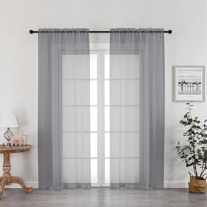 Grey Sheer Curtains 72 Inches Long 2 Panels, Transparent Voile Sheer Curtain by OWENIE