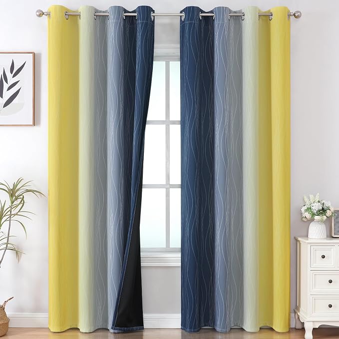 Navy Blue and Yellow Ombre Blackout Curtains - Image 2