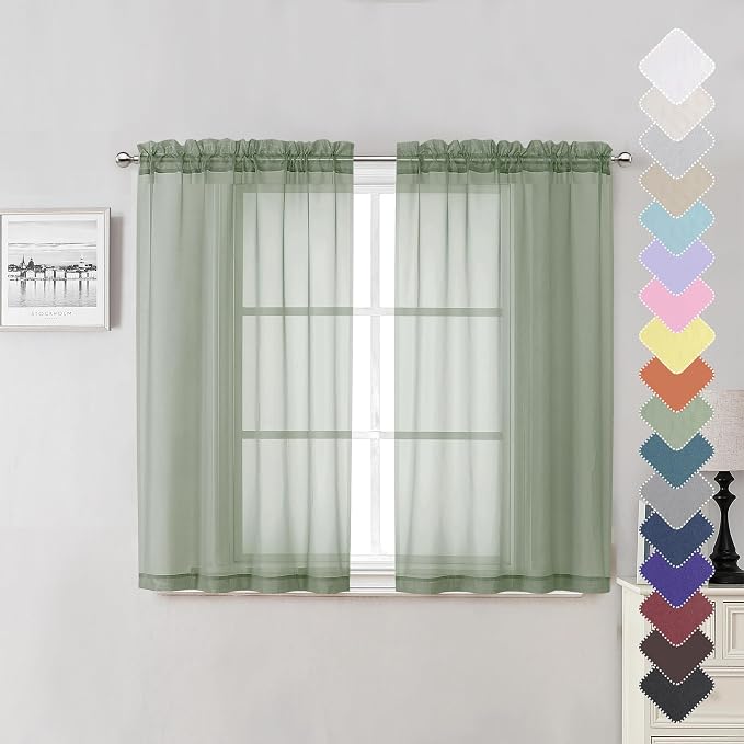 Sage Green Sheer Curtains 45 Inch Long 2 Panels, Short Voile Drapes by Lecloud