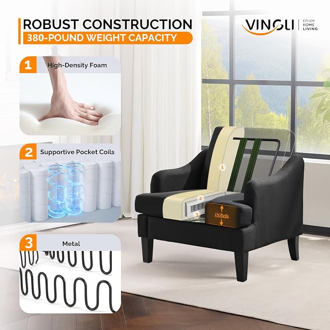 VINGLI Linen Fabric Accent Chairs Set of 2, Comfy Sofa Chair Living Room - Image 4