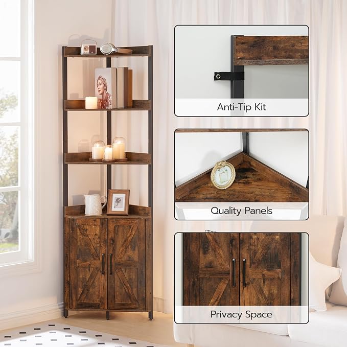 HOOBRO Corner Shelf with Storage, Tall Corner Cabinet, 5-Tier Bookshelf Stand - Image 5