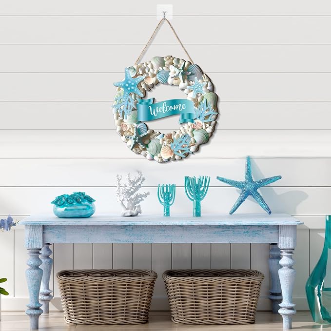 Wesiti Summer Coastal Shell Wreath 12 Inch Wooden Welcome Wreath - Image 4