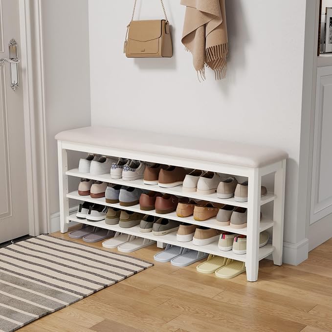 AQIMUELE Shoe Bench with Leather Cushion, 3 Tiers Shoe Storage Bench Height by AQIMUELE