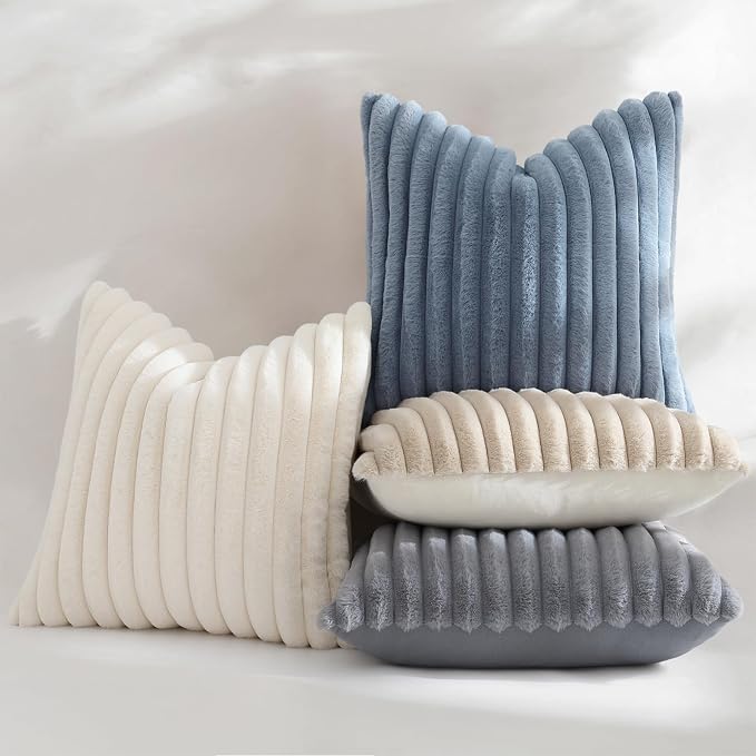 decorUhome Fall Faux Fur Throw Pillow Covers 24x24 Set of 2 Grey Blue | - Image 5