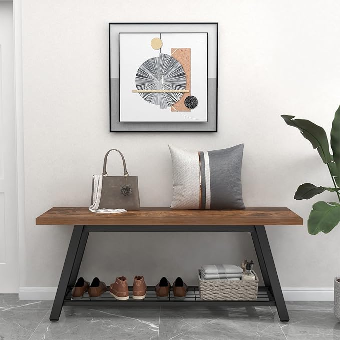 Oastreeful Storage Bench Industrial Rustic Wooden and Metal Entryway Shoe Boots - Image 3