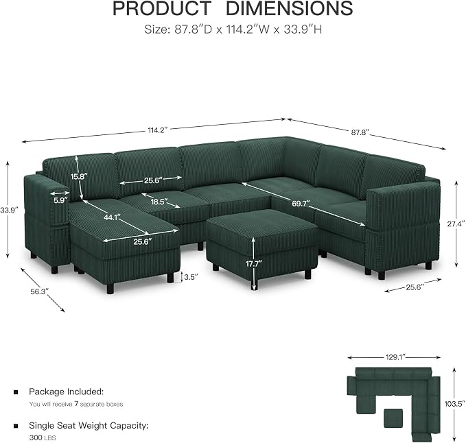 Belffin 114.2" 8 Seats Modular Sectional Sofa U Shaped Couch - Image 2