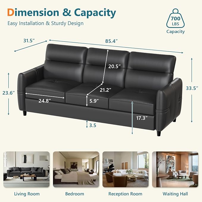 STHOUYN 85” Black Faux Leather Couch - Image 2
