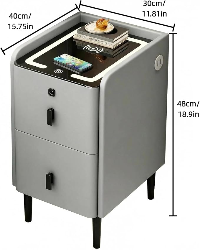 Smart Nightstand with Fingerprint Lock Drawers, Wireless Charging Support - Image 2