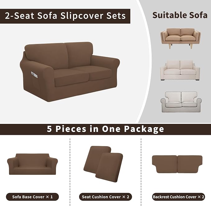 Easy-Going 5 Pieces Stretch Loveseat Cover Washable Loveseat Slipcover Set - Image 3