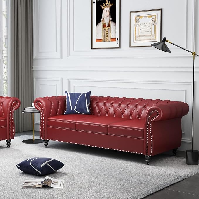 Mid-Century 3 Seater Sofa, Faux Leather Couch by YUCHIATHSoulFurniture