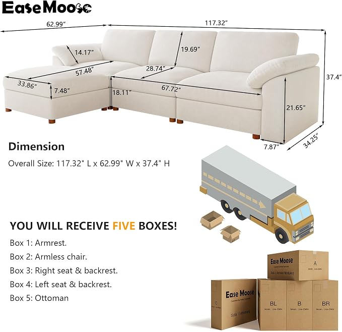 EASE MOOSE Sectional Modular Sofa, Oversized L Shape Sectional Couch Wide Deep - Image 2