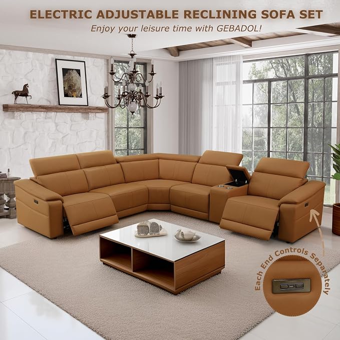 Power Recliner Sectional Sofa, L-Shaped Living Room Furniture Set, Leather - Image 5