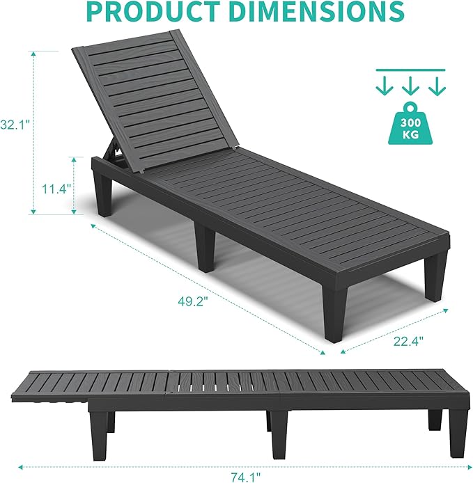 Outdoor Chaise Lounge Chairs Set of 2, 5-Position Adjustable Tanning Lounge - Image 2