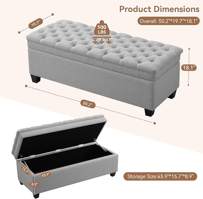 WUTUTUEE 51" Fabric Storage Ottoman Bench, Upholstered Rectangle End of Bed - Image 2
