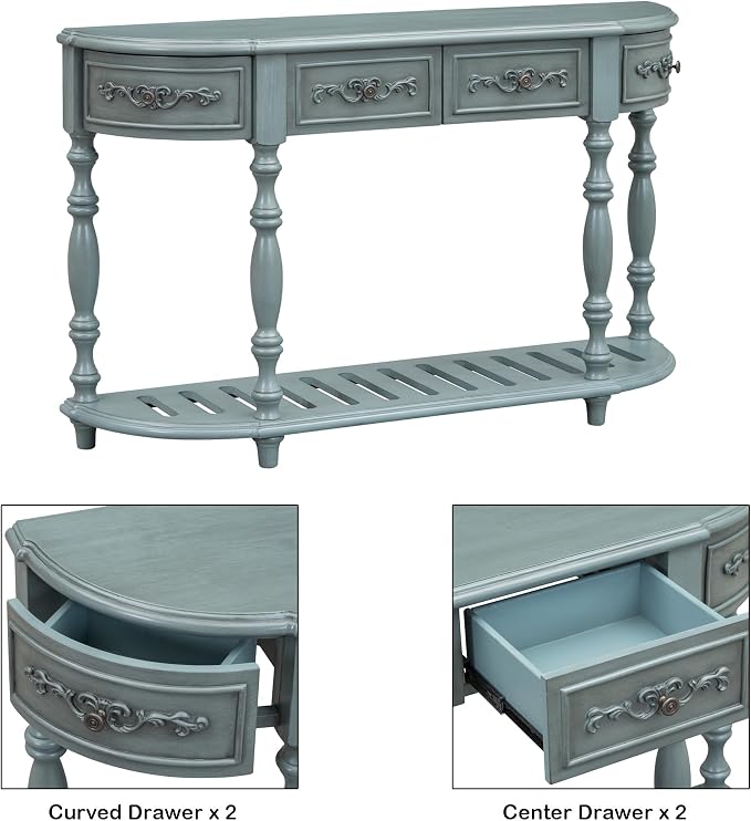 Retro Wood Curved Entryway Console Table 52-Inch Half Moon Hall Sofa Table - Image 4