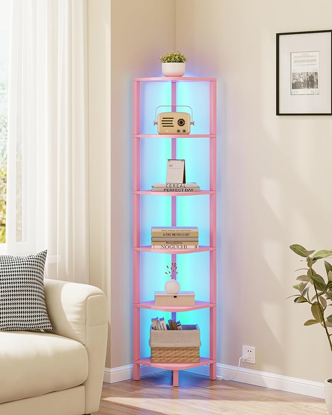 TUTOTAK Corner Shelf with LED Light, 6-Tier Corner Bookshelf - Image 4