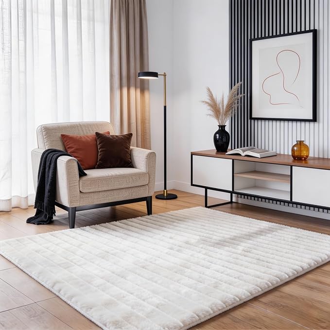 White Rabbit Striped Plush Rug 5'x8', Fluffy Shaggy Area Rug by CHOVY