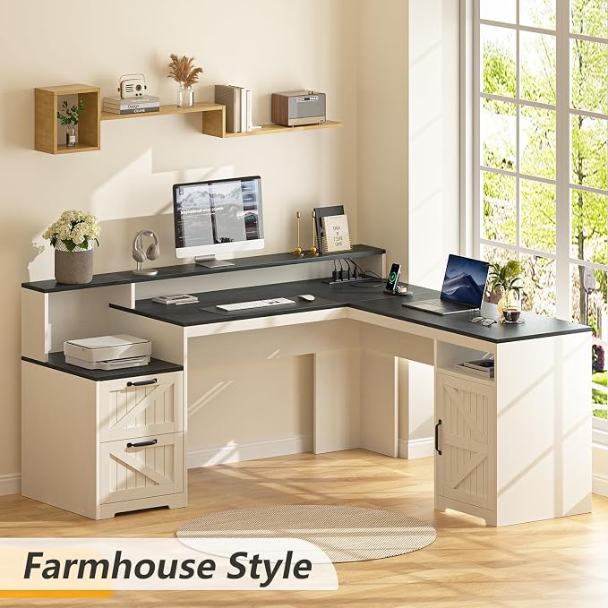 YOMILUVE 63" Farmhouse L Shaped Executive Desk - Image 3