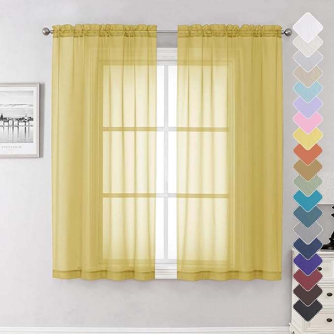 Yellow Sheer Curtains 63 Inch Length 2 Panels, Light Filtering Voile Curtain by Lecloud