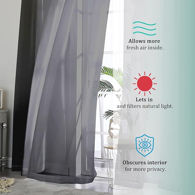 Short Black Sheer Curtains 36 Inches 2 Panels Set - Image 2