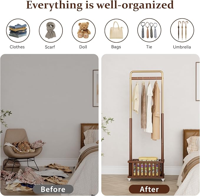 Taitiy Clothes Rack Solid Wood Coat Rack, Metal and Solid Wood Combination - Image 3