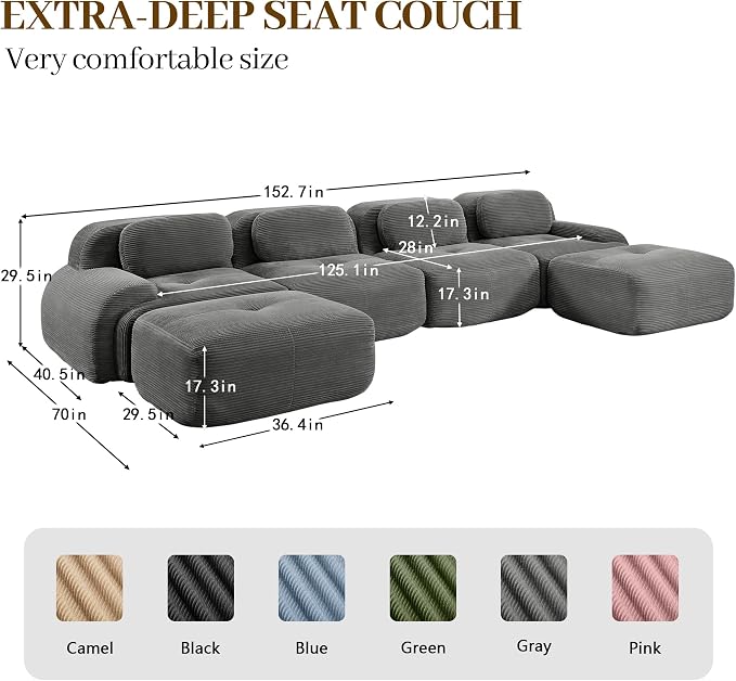 Boneless Sectional Couch, No Assembly Required, 152.7” U Shaped Modular Cloud - Image 3