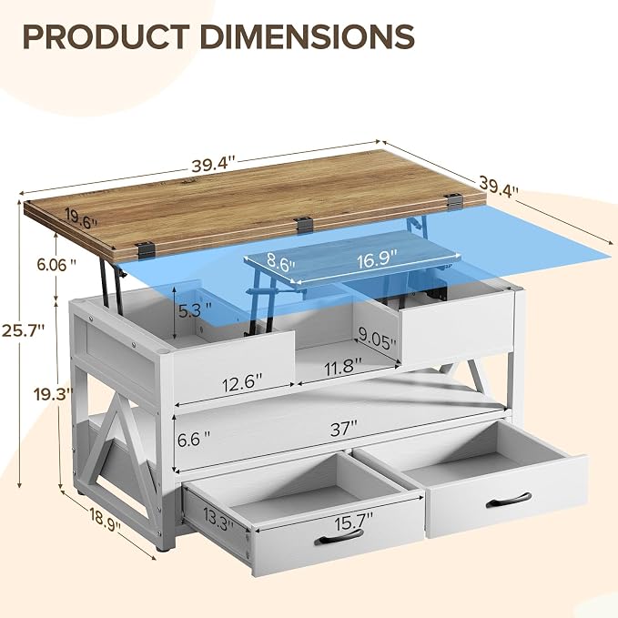 Memobarco 40" Lift Top Coffee Table, 4 in 1 Multi-Function Lift Coffee Tables - Image 2