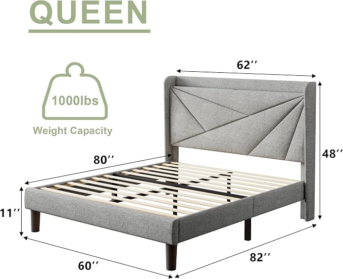 Feonase Queen Bed Frame with Charging Station, Linen Upholstered Platform - Image 2