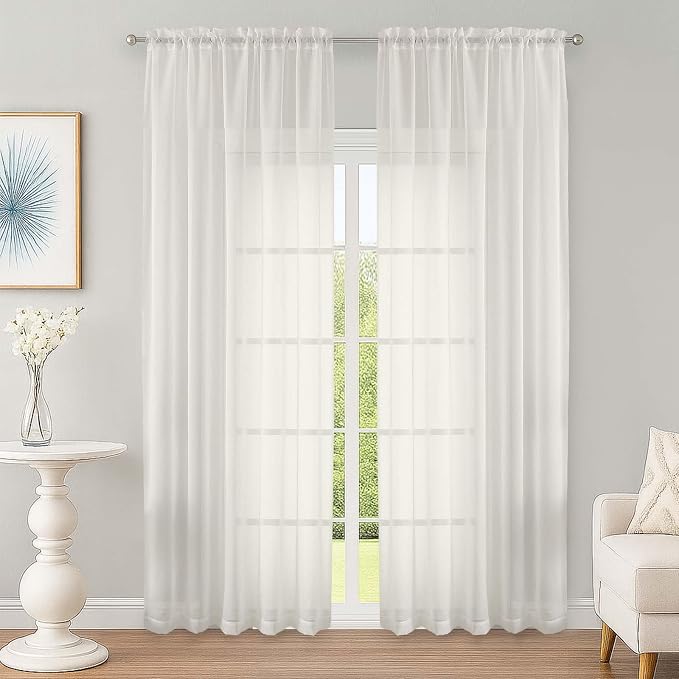 Ivory Sheer Curtain 90 Inches Long 2 Panels Set, Solid Filmy Drapes by OWENIE