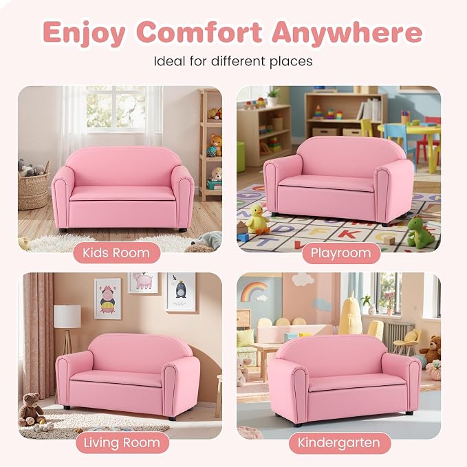 Costzon Kids Couch, 2 in 1 Double Seat Children's Sofa w/Under Seat Storage - Image 5