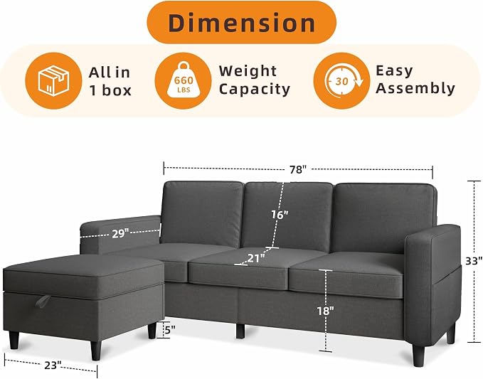 Sectional Sofa Couches for Living Room, Comfy Fabric Convertible Sectionals - Image 2
