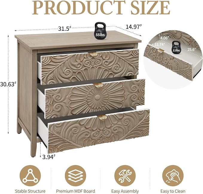 Carved 3 Drawer Cabinet with Floral Pattern & Gold Handles, 31.5" W Distressed - Image 2