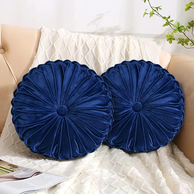 HIG Set of 2 Navy Velvet Decorative Round Pleated Throw Pillows | Vintage Floor - Image 2
