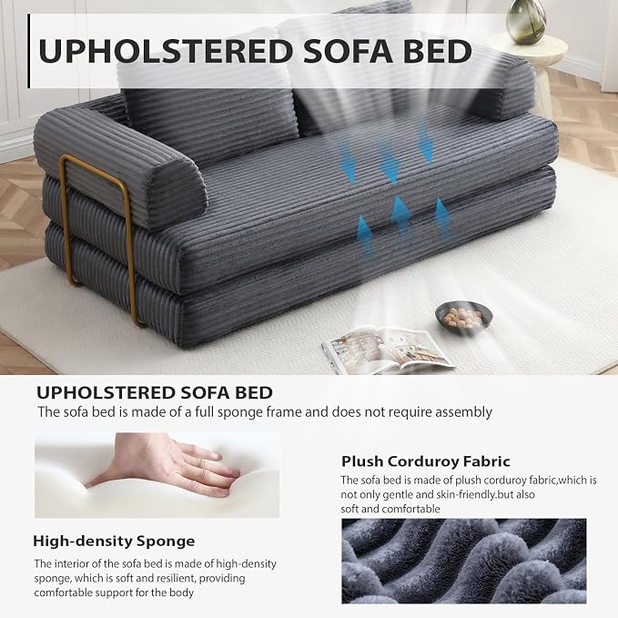 HANXIN 80 Inch Convertible Sleeper Sofa Bed, High Back Plush Corduroy Folding - Image 5