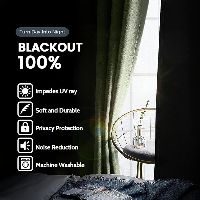SimpleHome Sage 100% Blackout Curtains Room Darkening Living Room 72 Inch | - Image 3