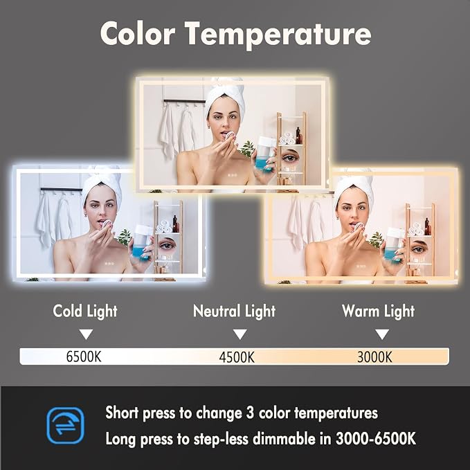 60 x 36 Inch Smart LED Bathroom Mirror，Dimmable Front + Backlit Illumination - Image 3