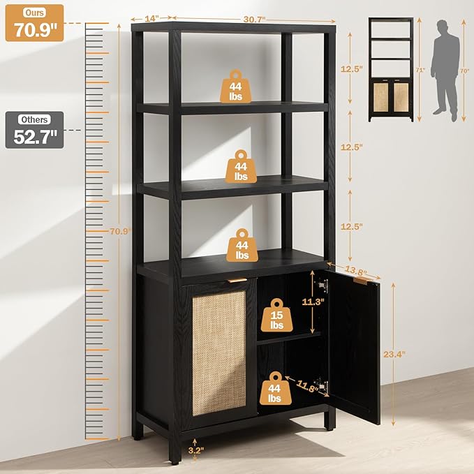 SICOTAS Bookshelf 5 Tier Book Shelf Rattan Boho 71" Tall Bookcase - Image 3