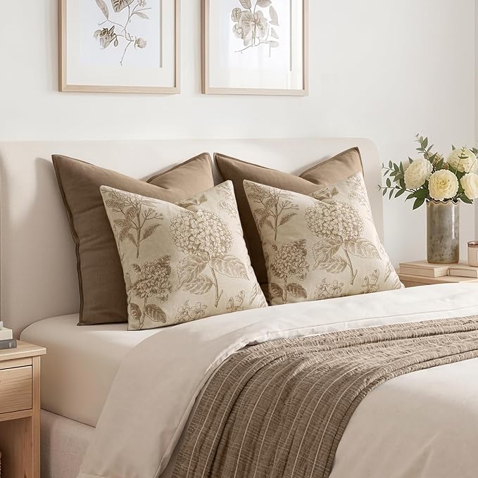 Set of 2 Decorative Floral Pillow Covers 22x22 Inch Tan Beige | Neutral - Image 6