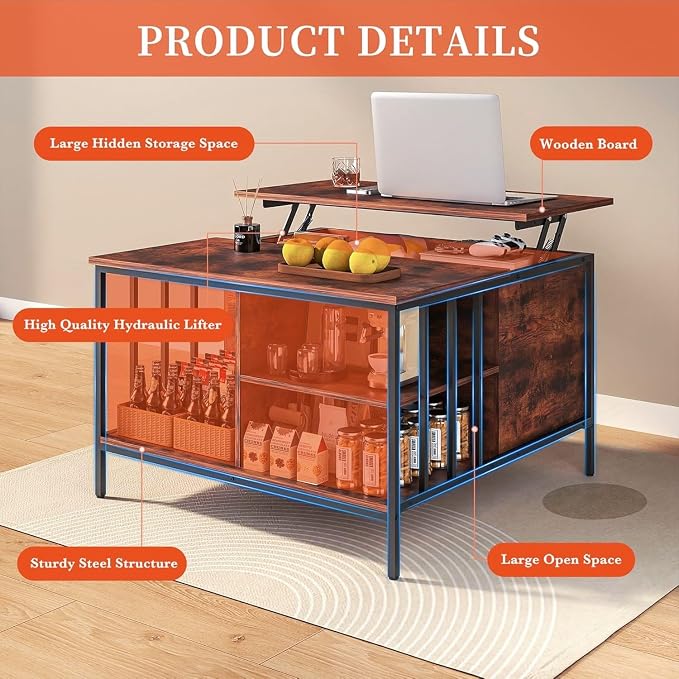 Coffee Table with Storage, Lift Top Coffee Table with Display Shelf and Hidden - Image 4